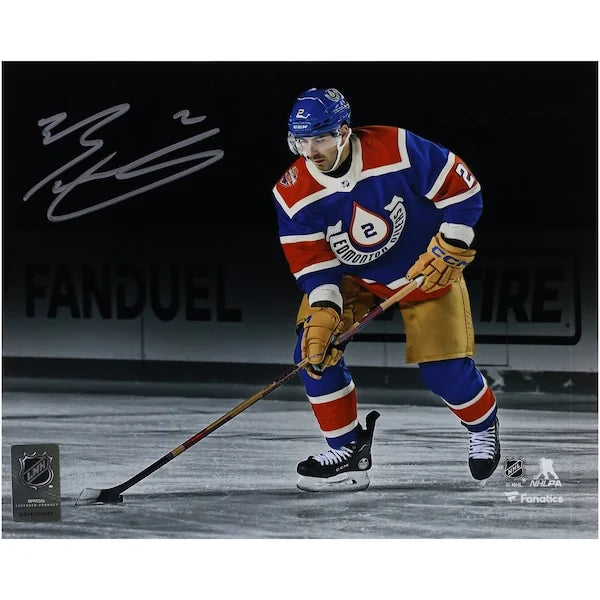 Evan Bouchard Signed 8 x 10 Photo | 2023 Heritage Classic with Puck