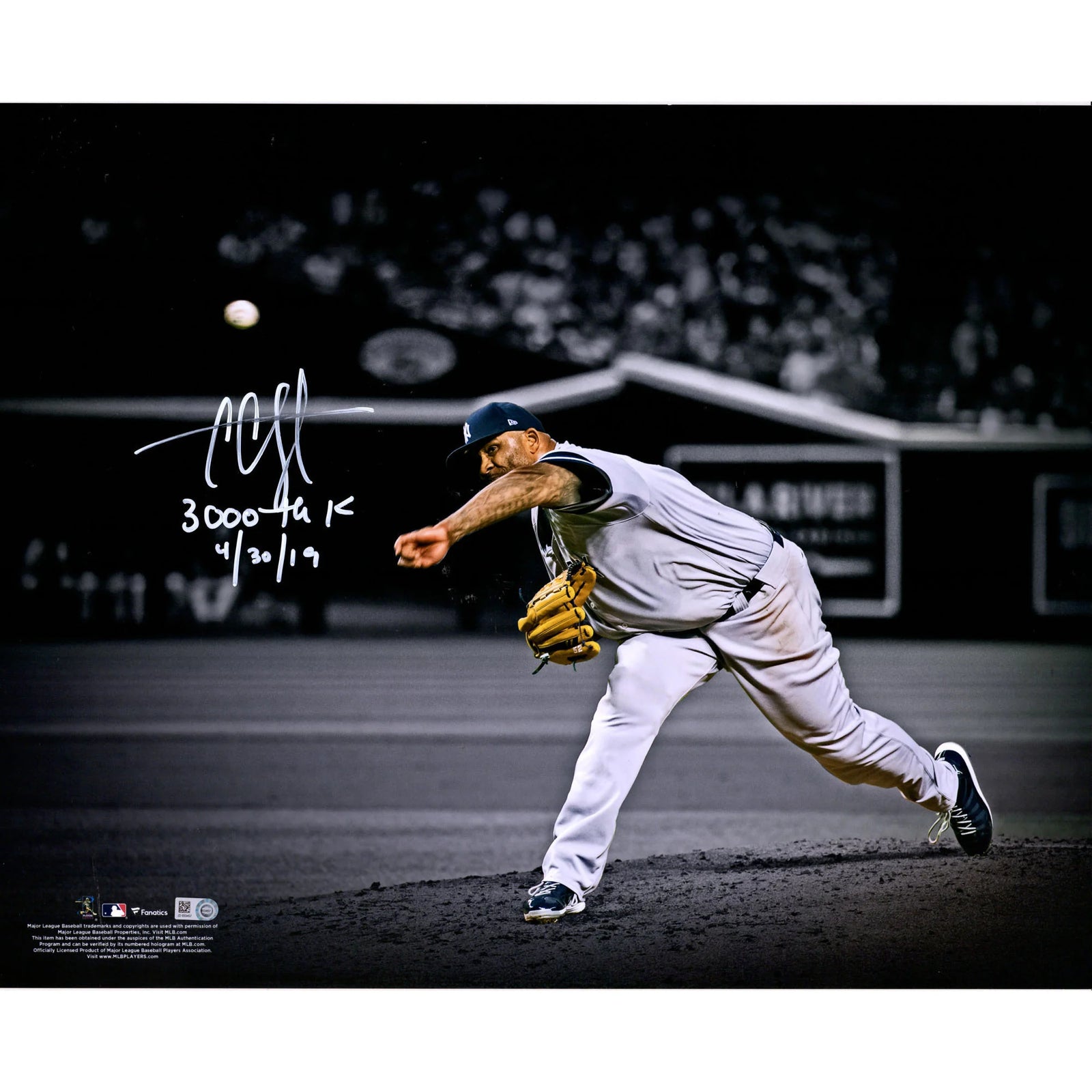 CC Sabathia Signed 16 x 20 Photograph | 3000th Strikeout Inscription