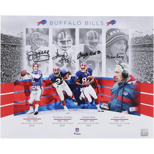 Thurman Thomas, Jim Kelly, Andre Reed & Marv Levy Signed Bills Collage | W16FBBI0003
