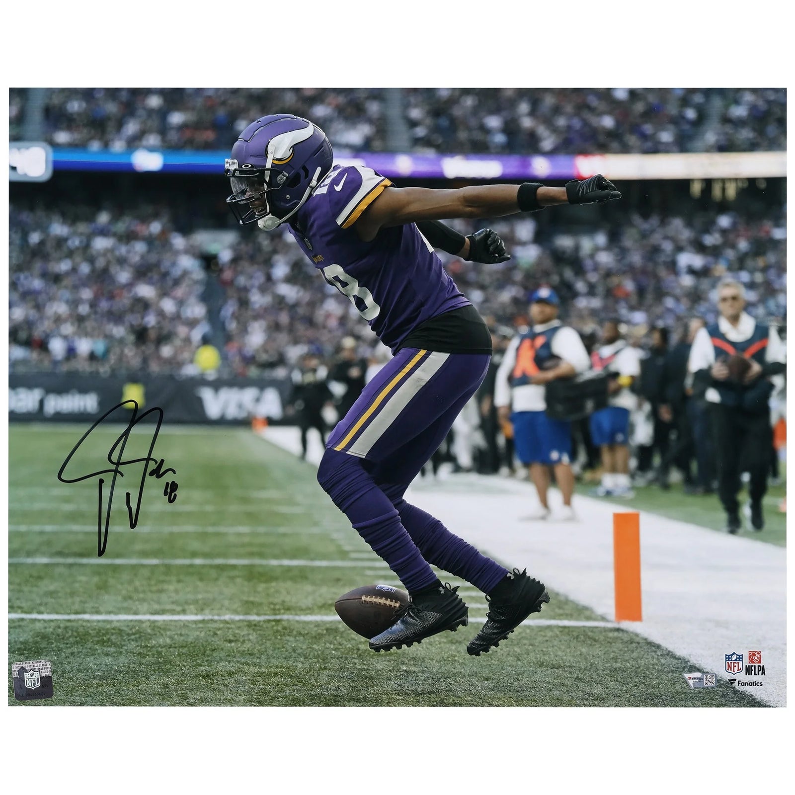 Justin Jefferson Signed 16 x 20 Purple Griddy Photograph | Minnesota Vikings