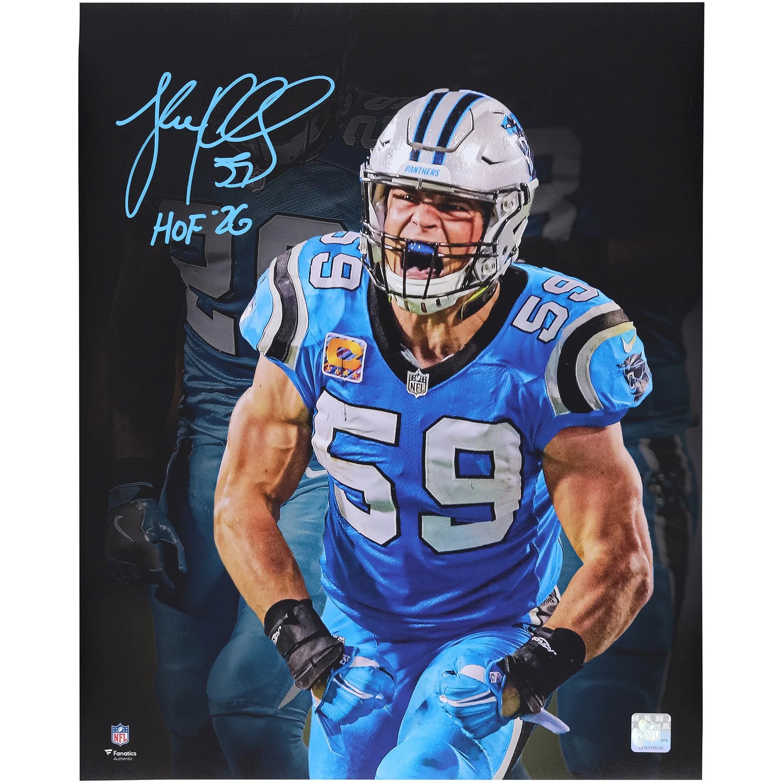 Luke Kuechly Signed 16 x 20 Photograph | HOF 26 Inscription