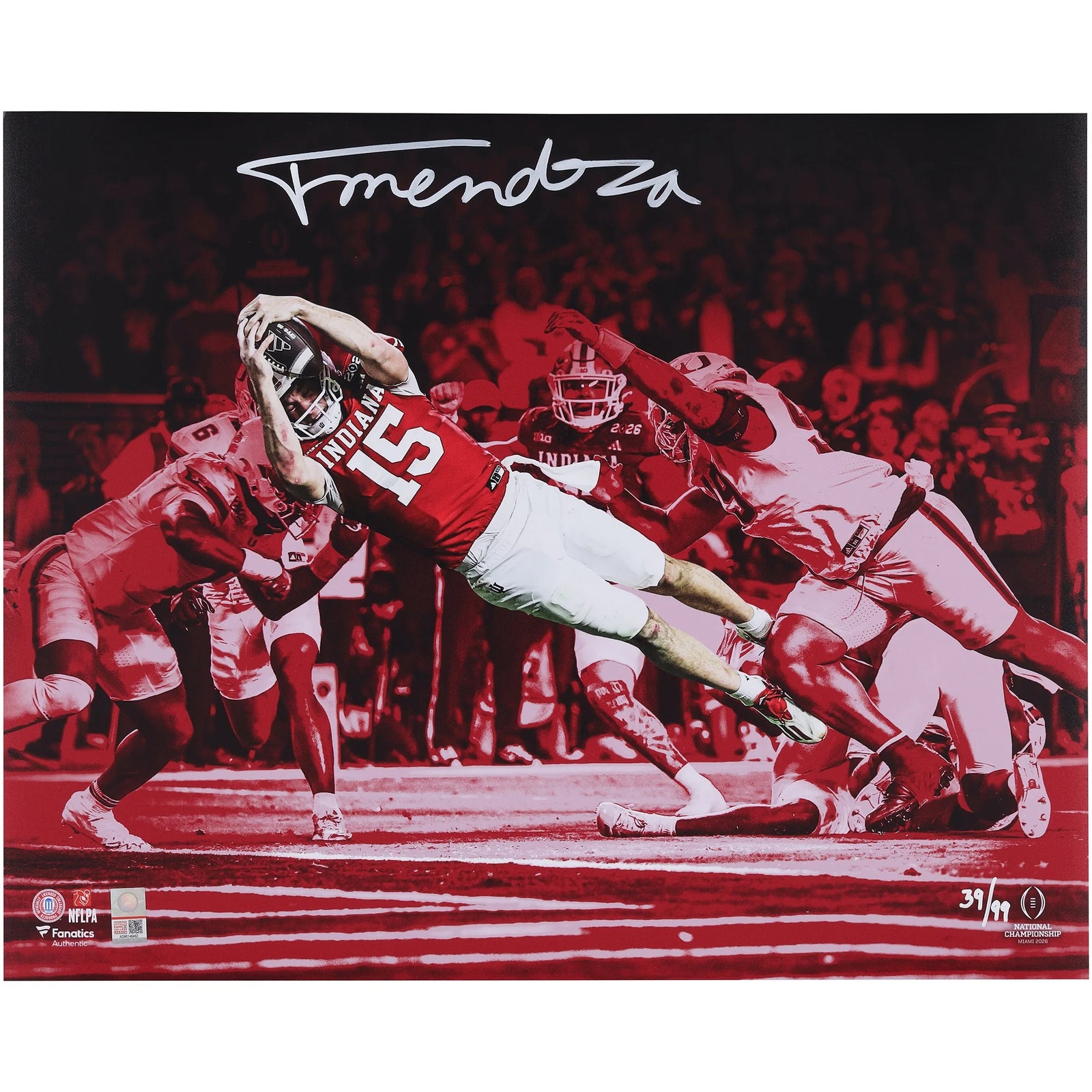 Fernando Mendoza Signed 16 x 20 Photograph | 2025 CFP Championship Diving Touchdown