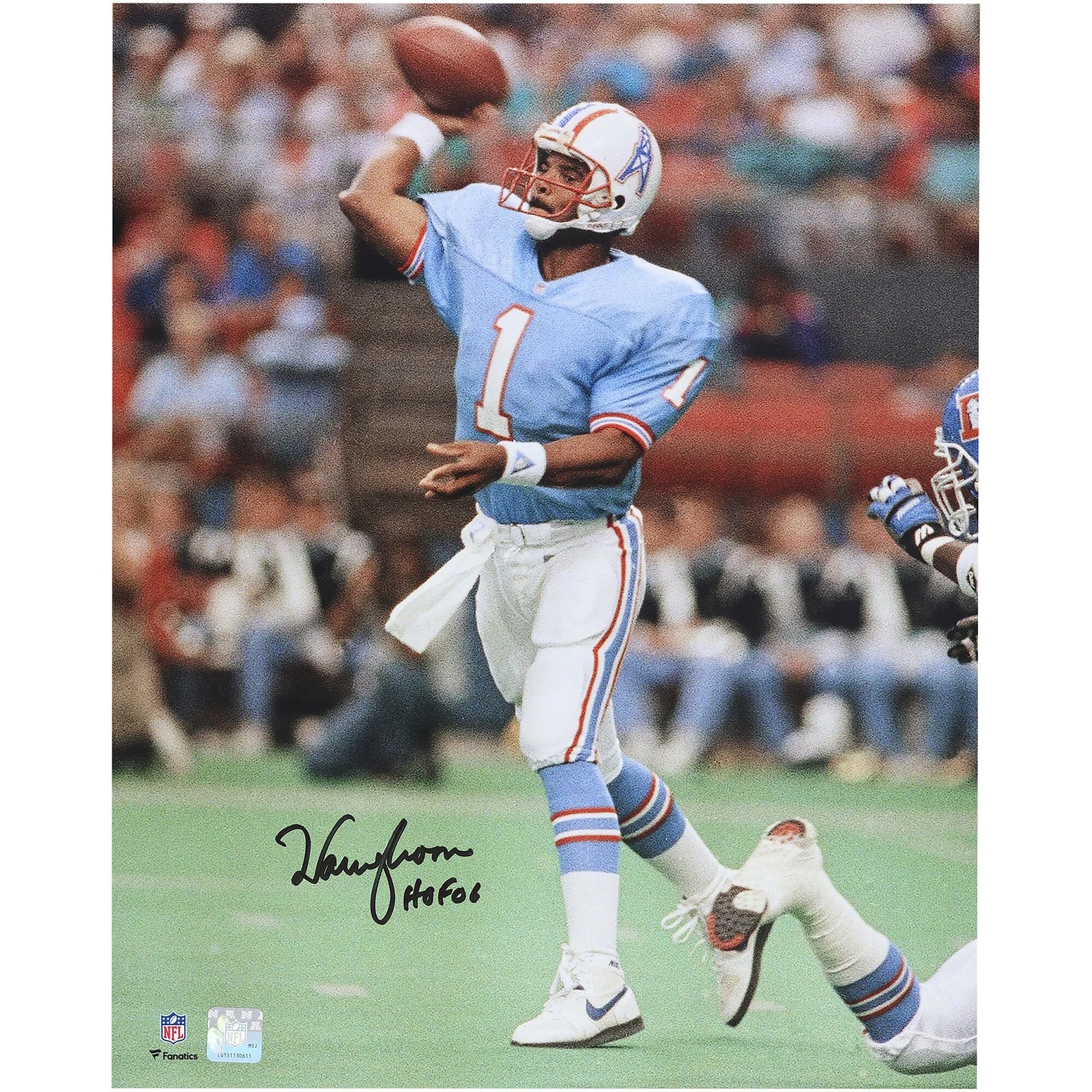 Warren Moon Signed 16 x 20 Oilers Jersey Throwing Photo | HOF 06 Inscription