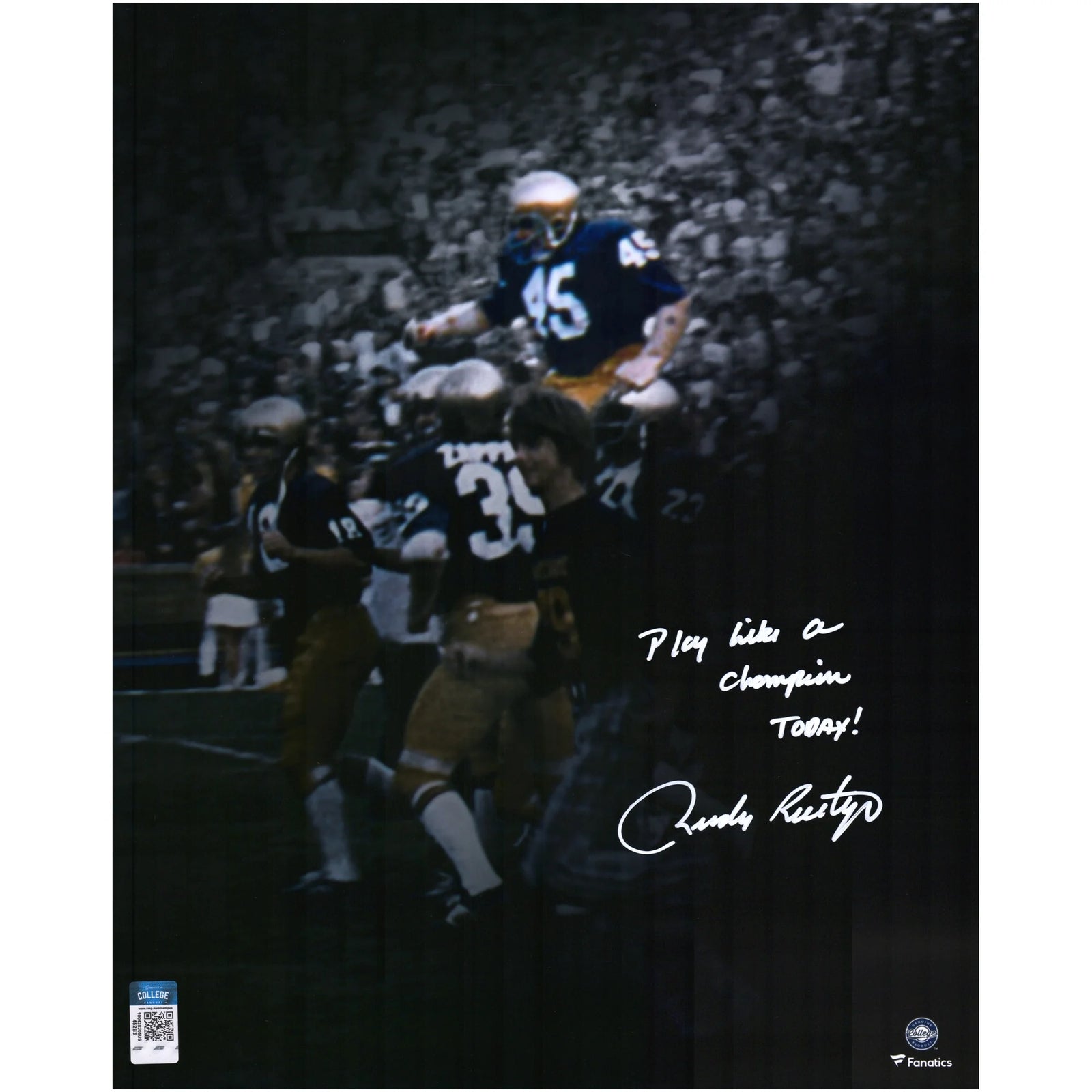 Rudy Ruettiger Signed Notre Dame 16 x 20 Photo | Play Like A Champion Today Inscription