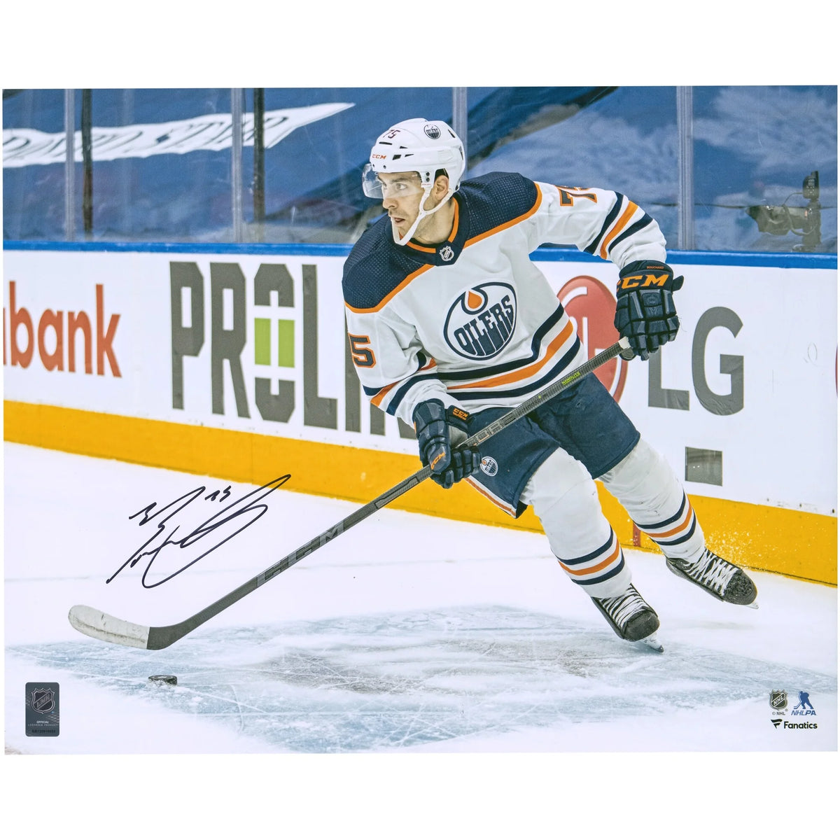 Evan Bouchard Signed Edmonton Oilers 16 x 20 Photograph | Jersey with Puck
