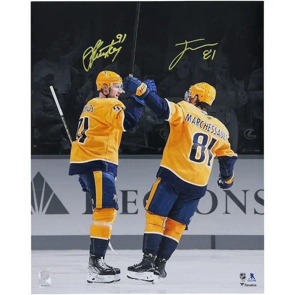 Jonathan Marchessault & Steven Stamkos Signed Predators 16 x 20 Photo | Gold Jersey Celebr