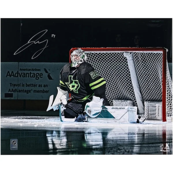 Jake Oettinger Signed 16 x 20 Black Alternate Jersey In Net Photograph | Dallas Stars