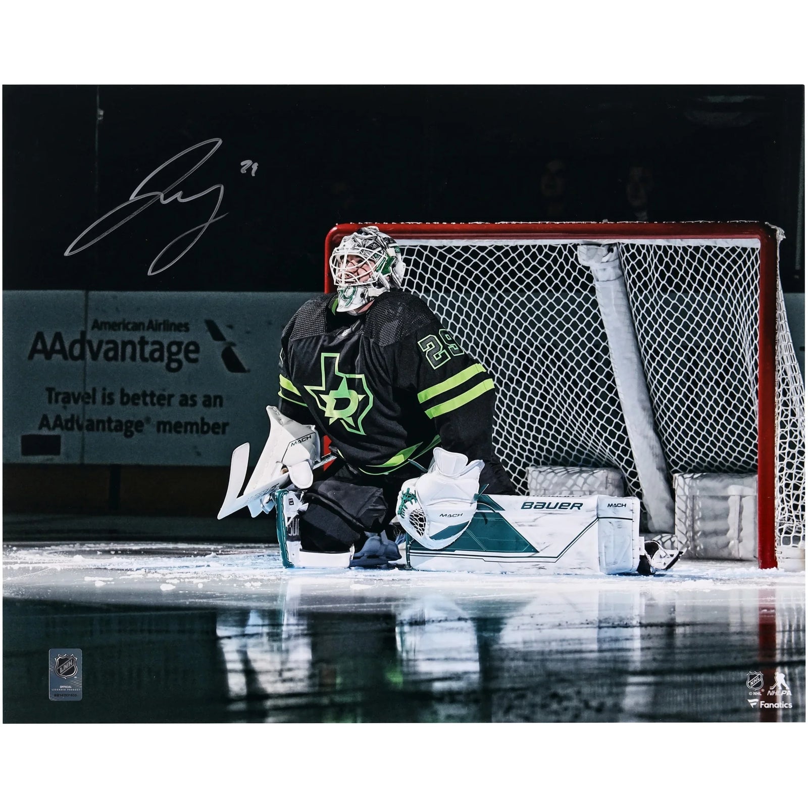 Jake Oettinger Signed 16 x 20 Black Alternate Jersey In Net Photograph | Dallas Stars
