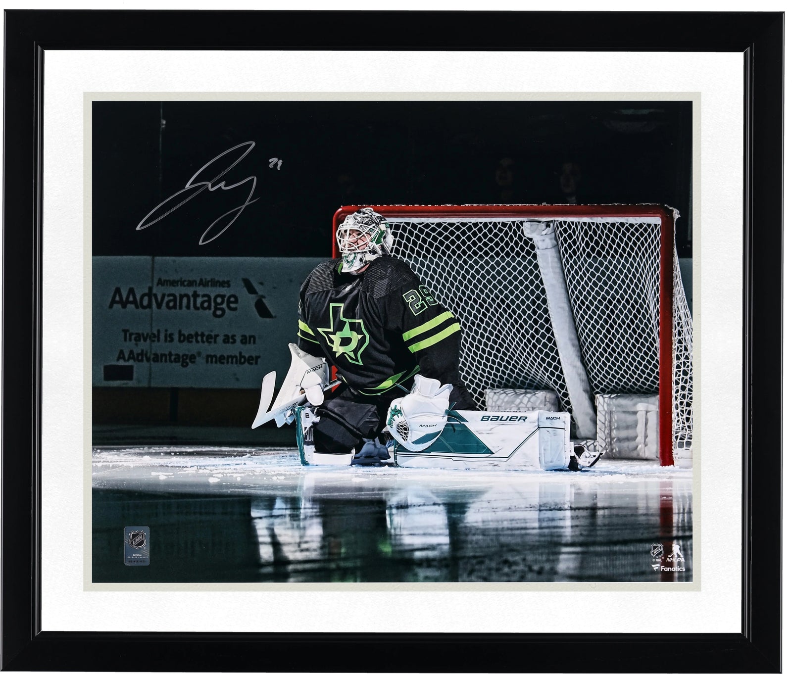 Jake Oettinger Signed 16 x 20 Black Alternate Jersey In Net Photograph | Dallas Stars