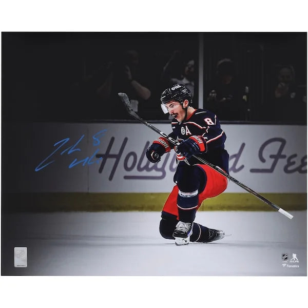 Zach Werenski Signed 16 x 20 Navy Jersey Celebration Photo | Blue Jackets