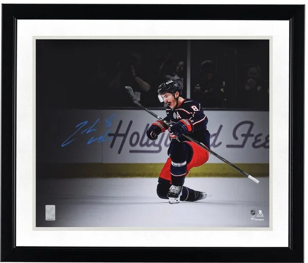 Zach Werenski Signed 16 x 20 Navy Jersey Celebration Photo | Blue Jackets