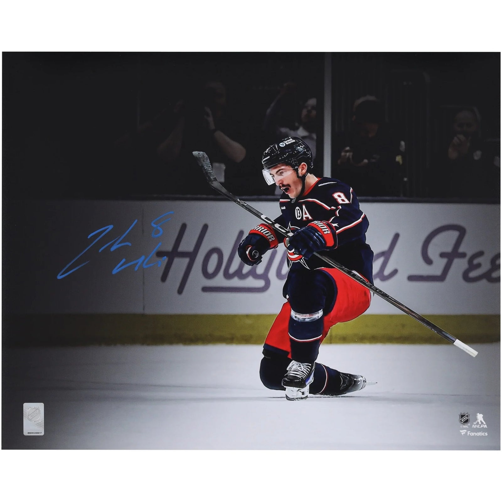 Zach Werenski Signed 16 x 20 Navy Jersey Celebration Photo | Blue Jackets