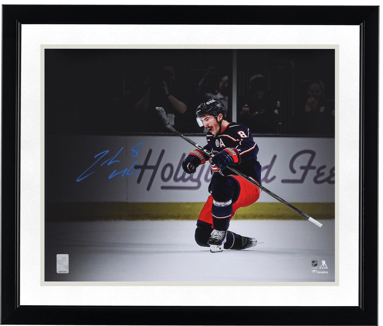 Zach Werenski Signed 16 x 20 Navy Jersey Celebration Photo | Blue Jackets