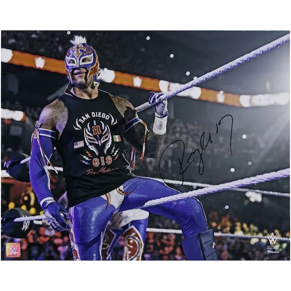 Rey Mysterio Signed 16 x 20 Photo | Blue Gear Sitting on Ropes