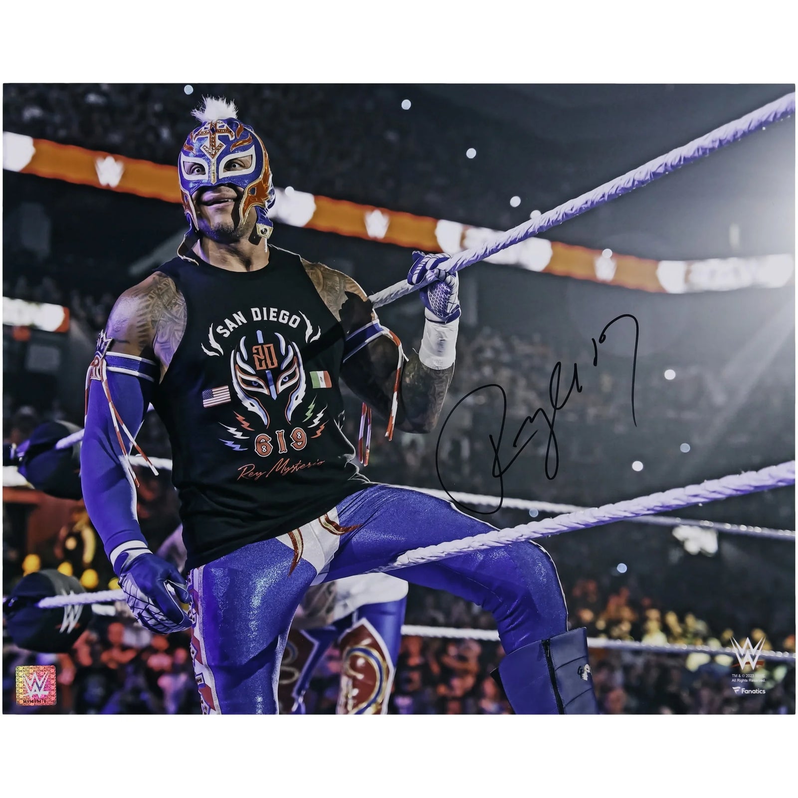 Rey Mysterio Signed 16 x 20 Photo | Blue Gear Sitting on Ropes