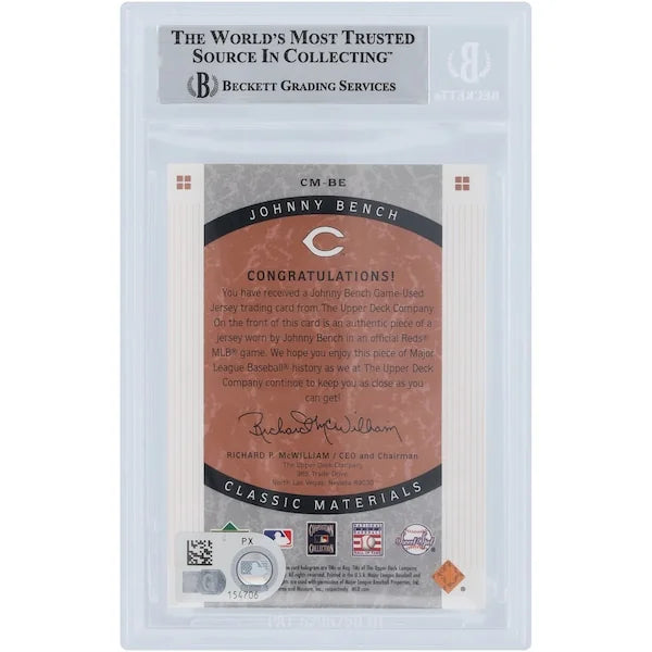 Johnny Bench Signed 2005 Upper Deck Sweet Spot Classic Jersey Relic Card | Beckett Authent