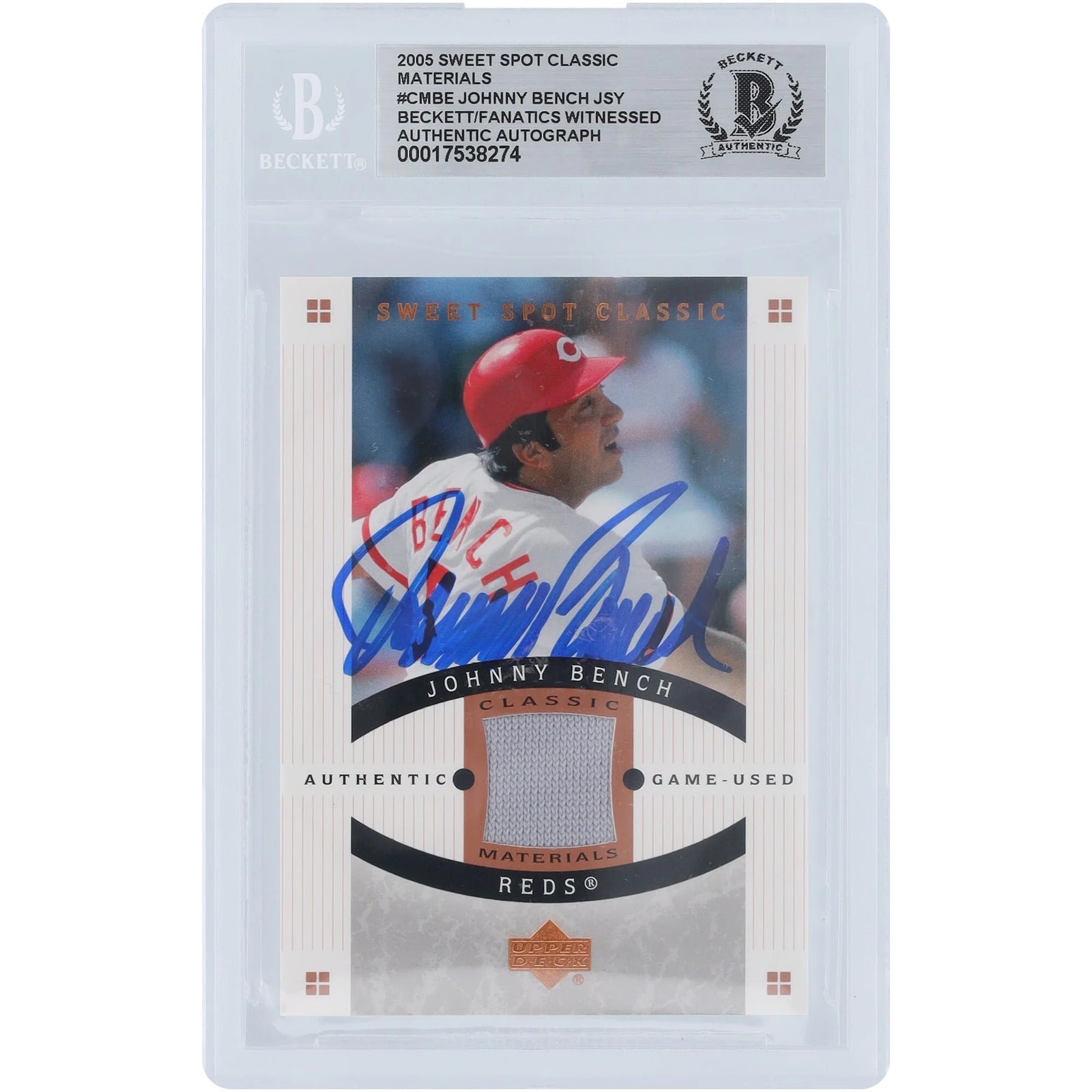 Johnny Bench Signed 2005 Upper Deck Sweet Spot Classic Jersey Relic Card | Beckett Authent