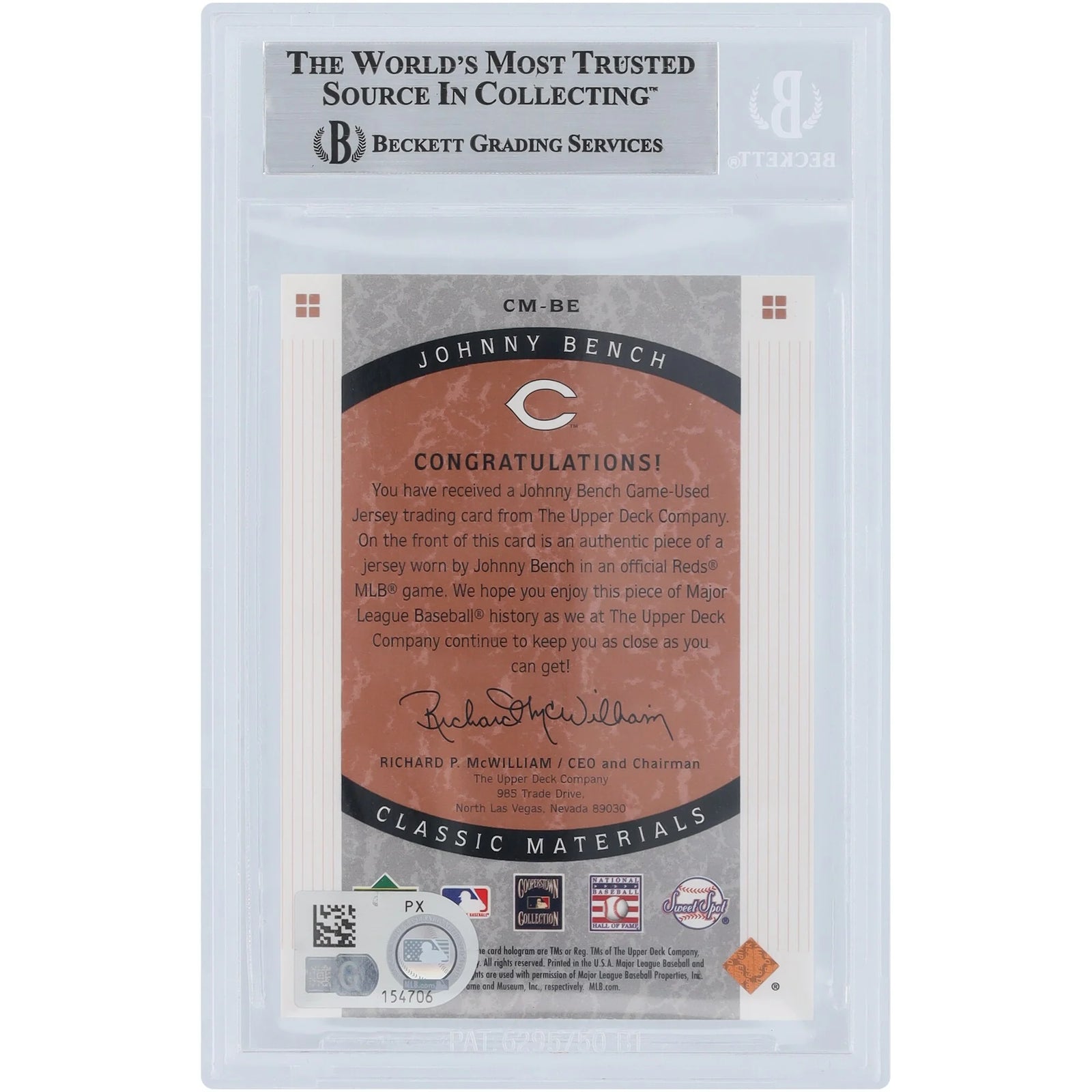 Johnny Bench Signed 2005 Upper Deck Sweet Spot Classic Jersey Relic Card | Beckett Authent