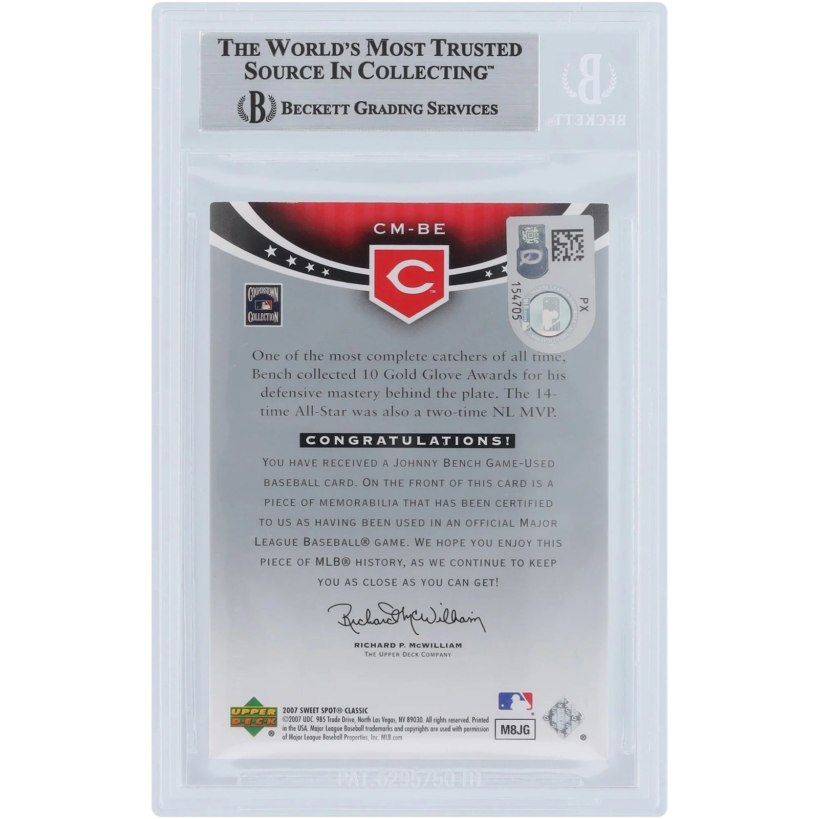 Johnny Bench Signed 2007 Upper Deck Sweet Spot Classic Card | Jersey Relic