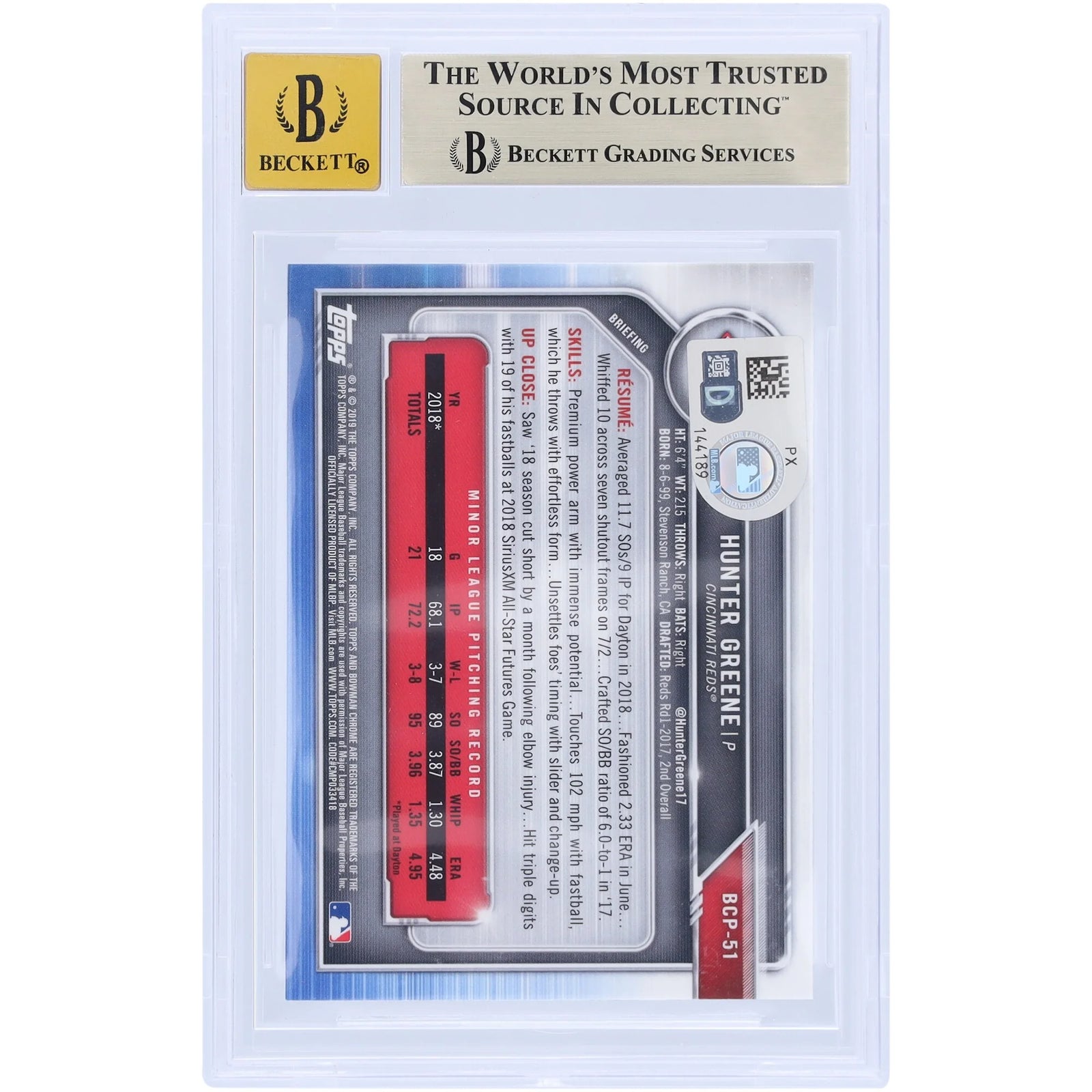 Hunter Greene Signed 2019 Bowman Chrome Prospects Refractor #BCP51 | Graded 9.5