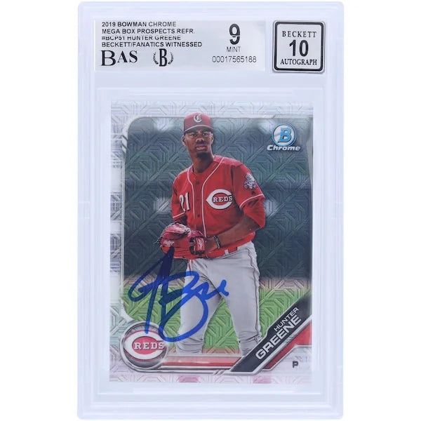 Hunter Greene Signed 2019 Bowman Chrome Prospects Refractor #BCP51 | Graded 9