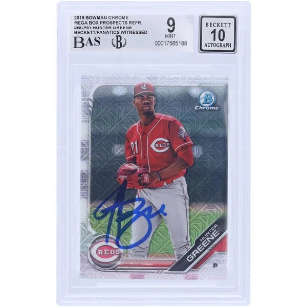 Hunter Greene Signed 2019 Bowman Chrome Prospects Refractor #BCP51 | Graded 9