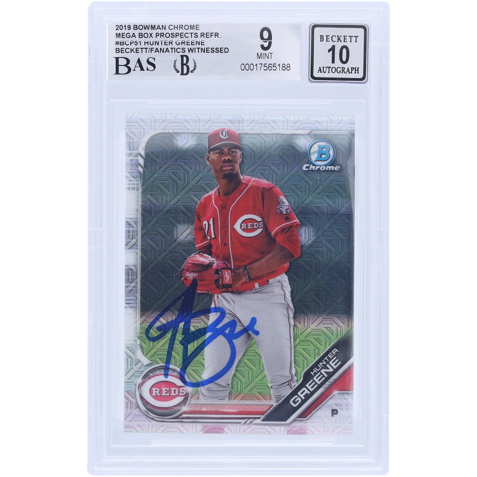 Hunter Greene Signed 2019 Bowman Chrome Prospects Refractor #BCP51 | Graded 9