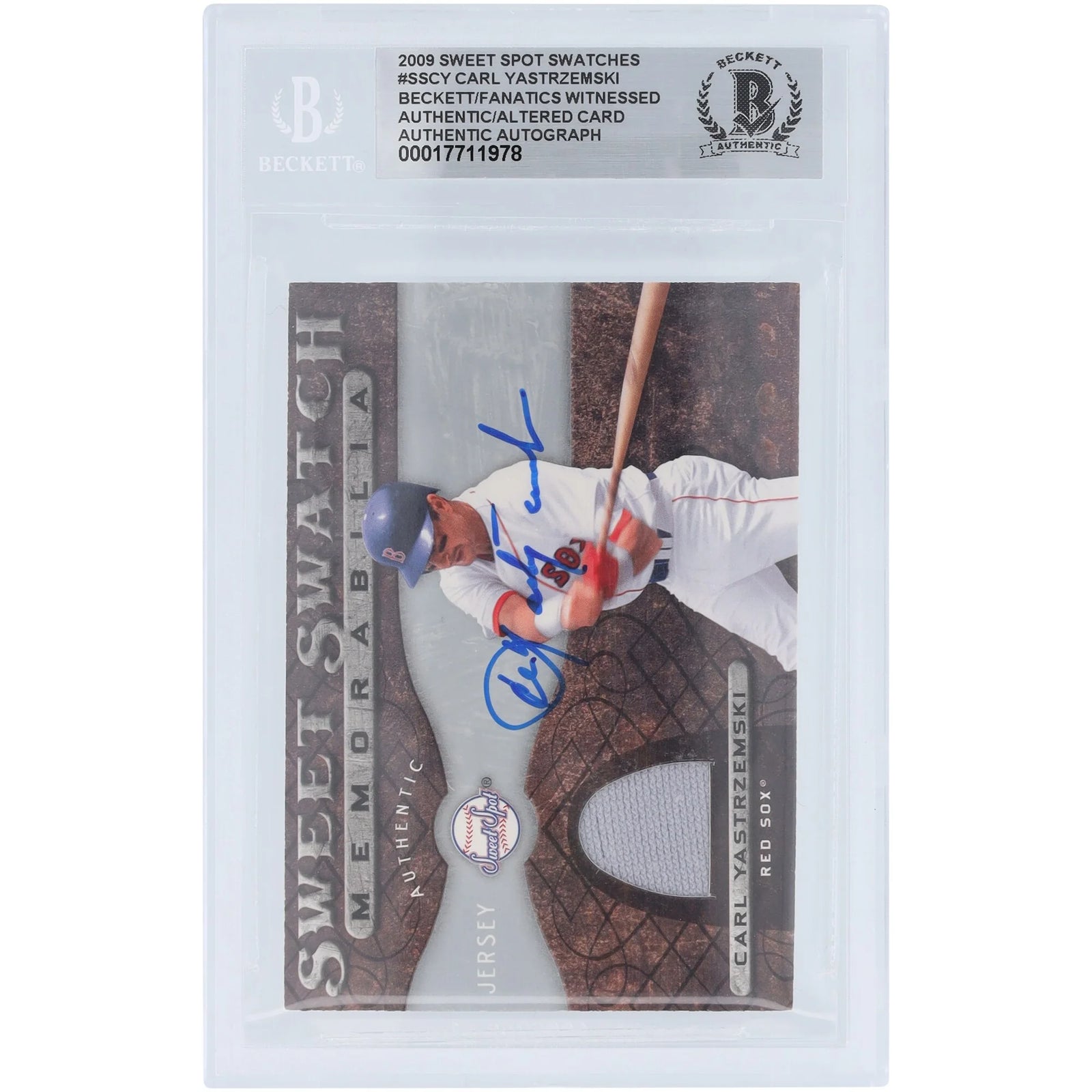 Carl Yastrzemski Boston Red Sox Autographed 2009 Upper Deck Sweet Spot Sweet Swatches Memorabilia Jersey Relic #SS-CY Beckett Fanatics Witnessed Authenticated Card - F2
