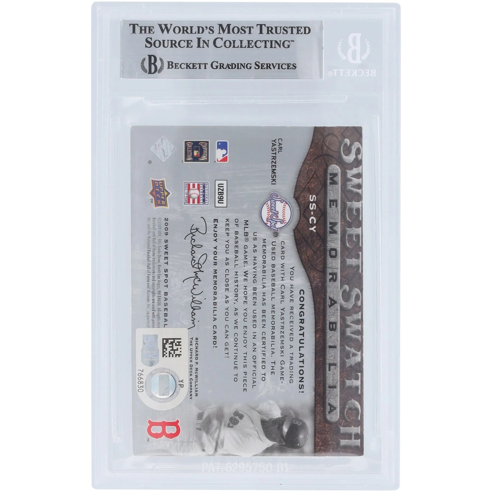 Carl Yastrzemski Boston Red Sox Autographed 2009 Upper Deck Sweet Spot Sweet Swatches Memorabilia Jersey Relic #SS-CY Beckett Fanatics Witnessed Authenticated Card - F2