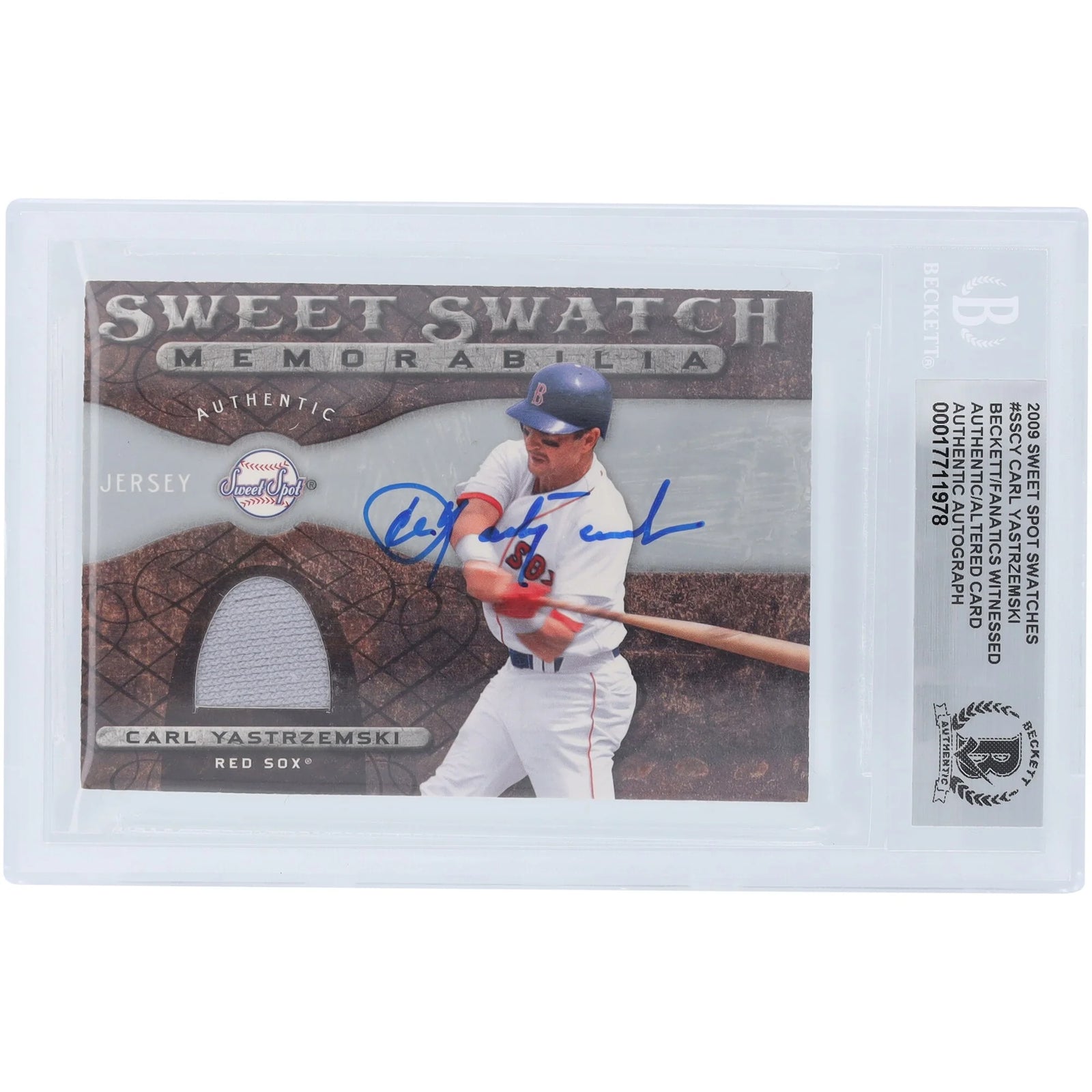 Carl Yastrzemski Boston Red Sox Autographed 2009 Upper Deck Sweet Spot Sweet Swatches Memorabilia Jersey Relic #SS-CY Beckett Fanatics Witnessed Authenticated Card - F2