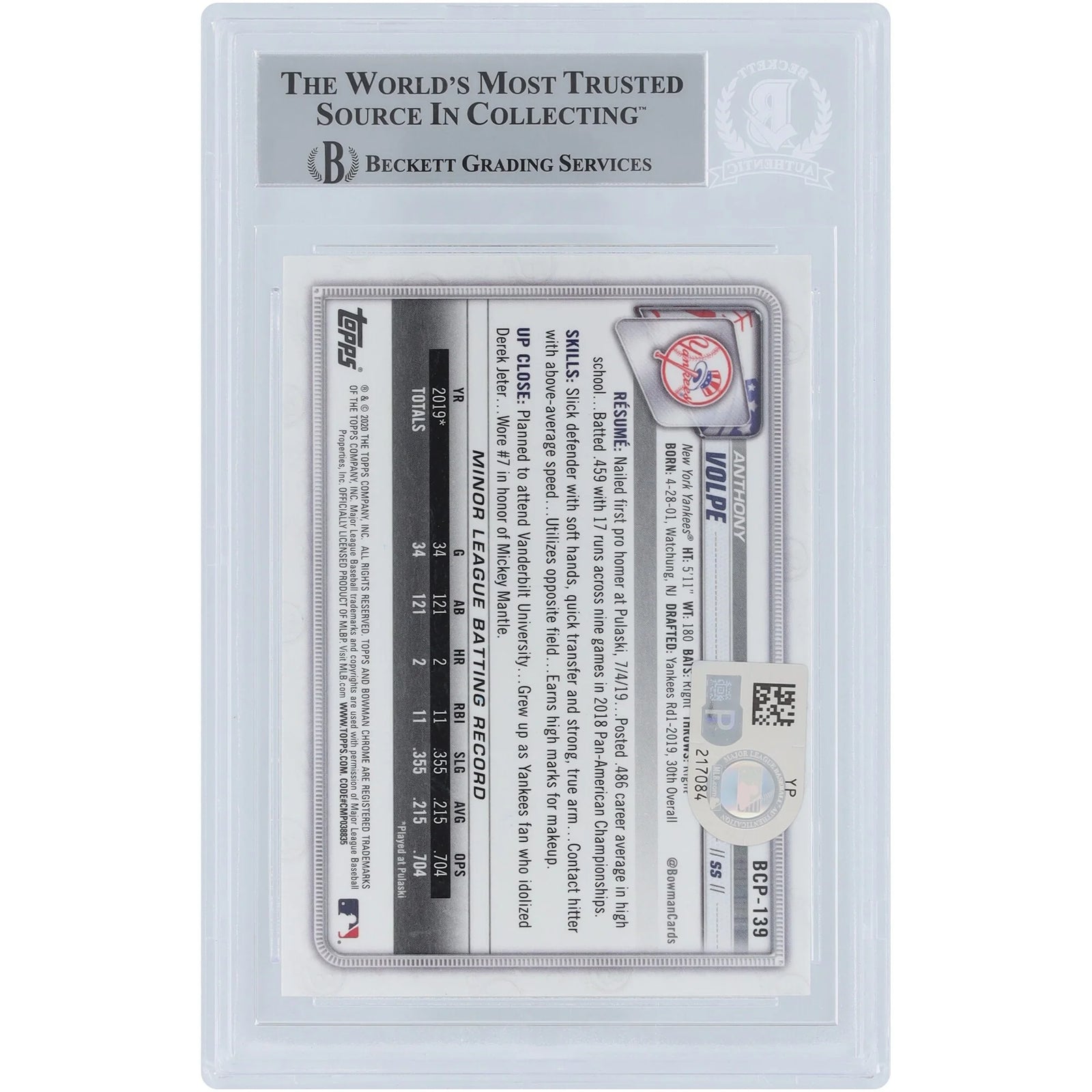 Anthony Volpe Signed 2020 Bowman Chrome Prospects Card | Go Yankees Inscription