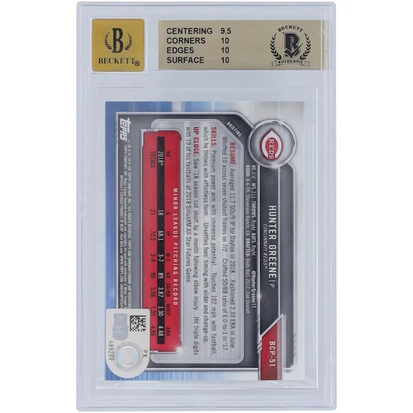 Hunter Greene Signed 2019 Bowman Chrome Prospects Refractor #BCP-51 | BGS 10
