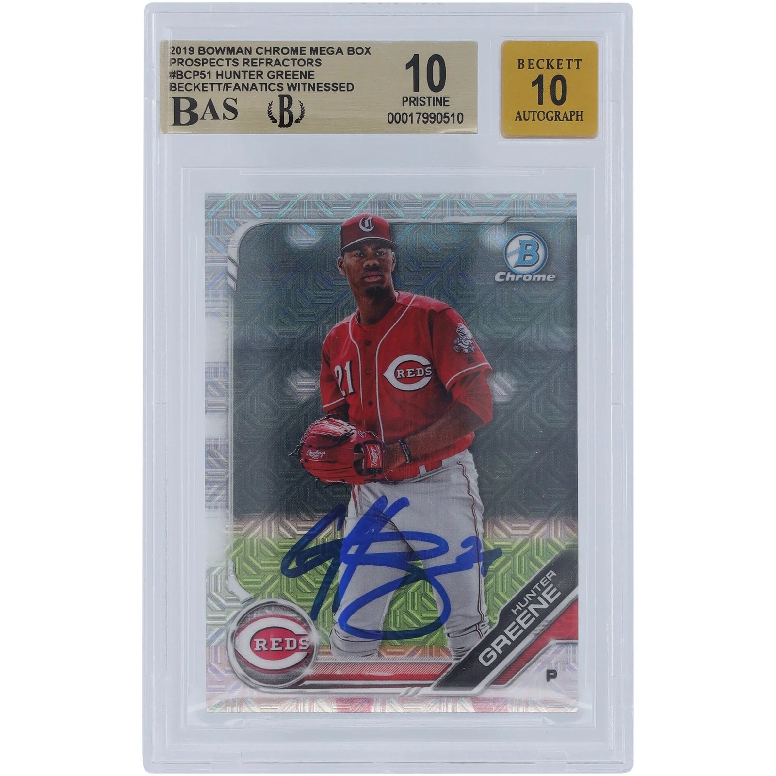 Hunter Greene Signed 2019 Bowman Chrome Prospects Refractor #BCP-51 | BGS 10