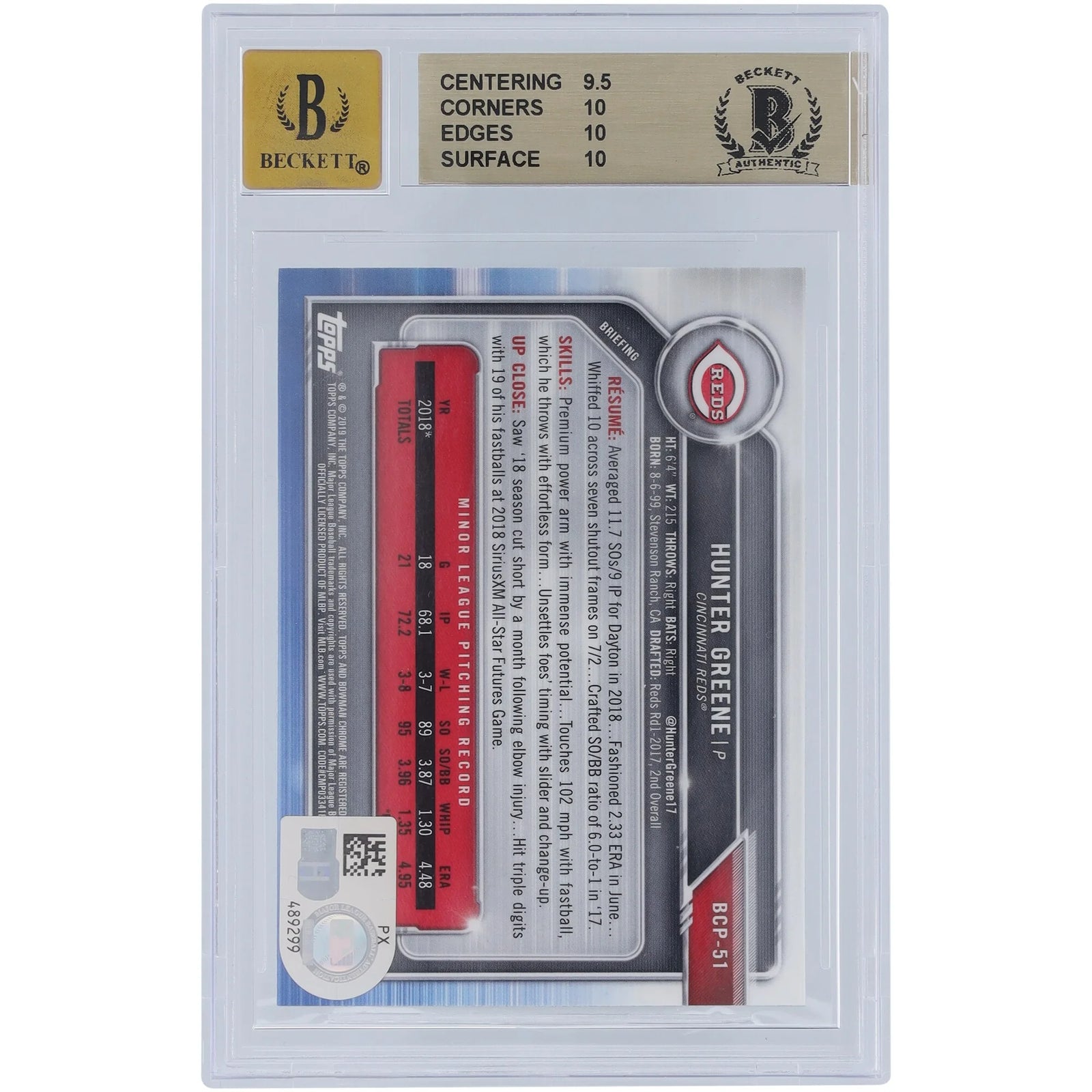 Hunter Greene Signed 2019 Bowman Chrome Prospects Refractor #BCP-51 | BGS 10