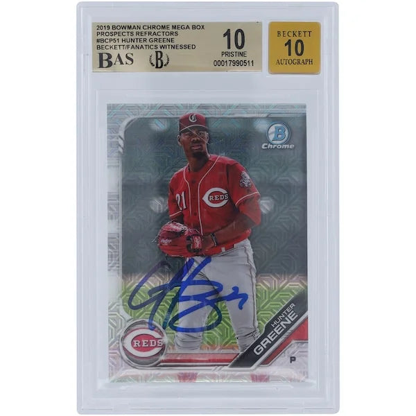 Hunter Greene Signed 2019 Bowman Chrome Prospects Refractor #BCP-51 | Graded 10