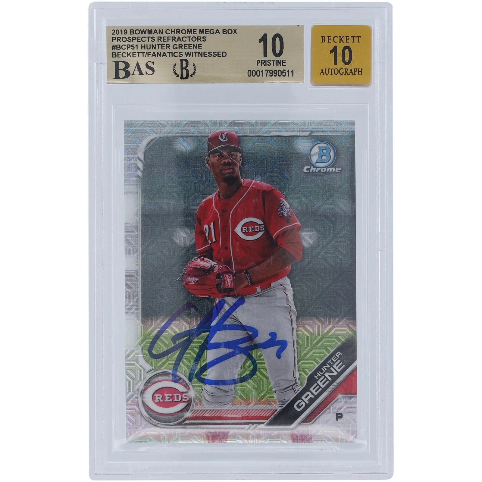 Hunter Greene Signed 2019 Bowman Chrome Prospects Refractor #BCP-51 | Graded 10