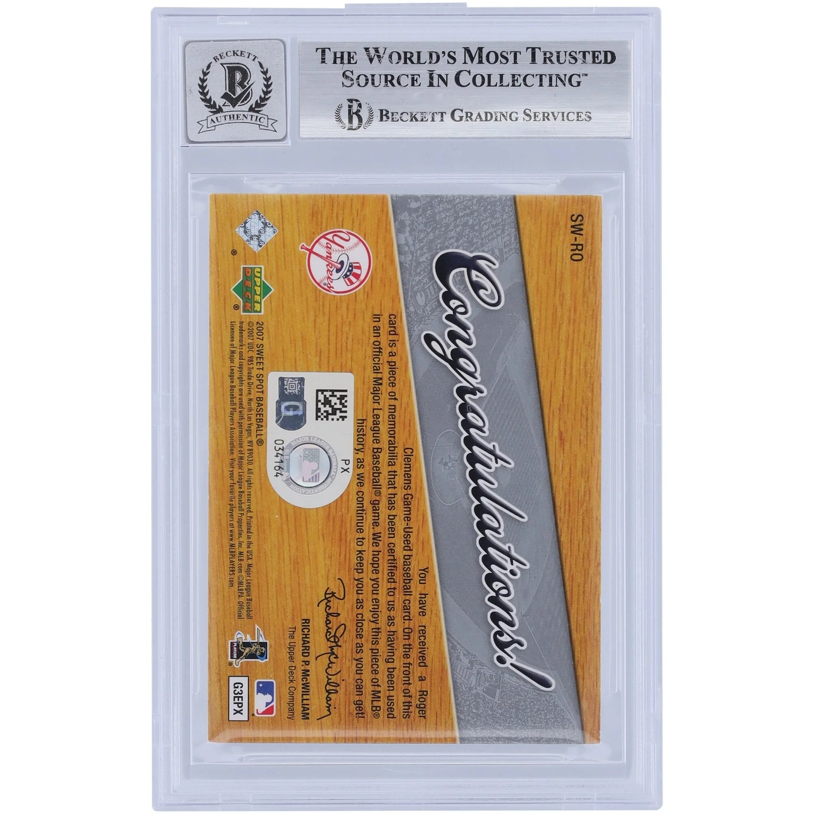 Roger Clemens Signed 2007 Upper Deck Sweet Spot Card | Graded 10