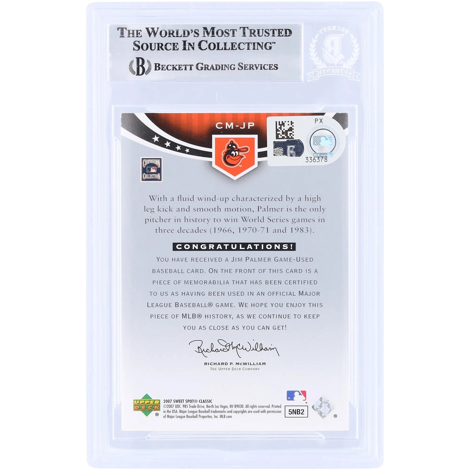 Jim Palmer Signed 2007 Upper Deck Sweet Spot Classic Card | HOF 90 Inscription