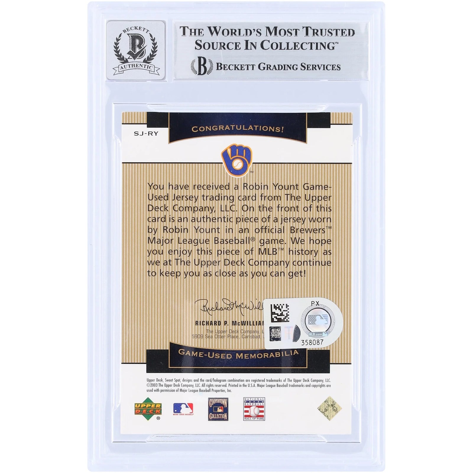 Robin Yount Signed 2003 Upper Deck Sweet Spot Classic Card | Beckett Graded 10