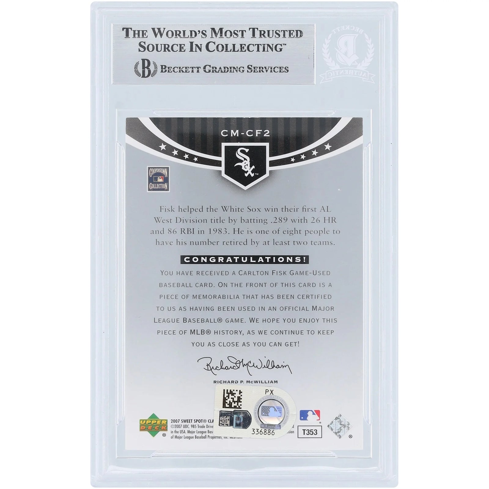 Carlton Fisk Chicago White Sox Autographed 2007 Upper Deck Sweet Spot Classic GU Relic #CM-CF2 Beckett Fanatics Witnessed Authenticated Card - F3