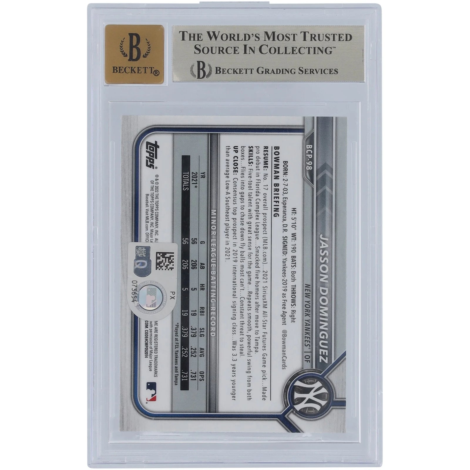 Jasson Dominguez Signed 2022 Bowman Chrome Card | BGS 9.5 Yankees