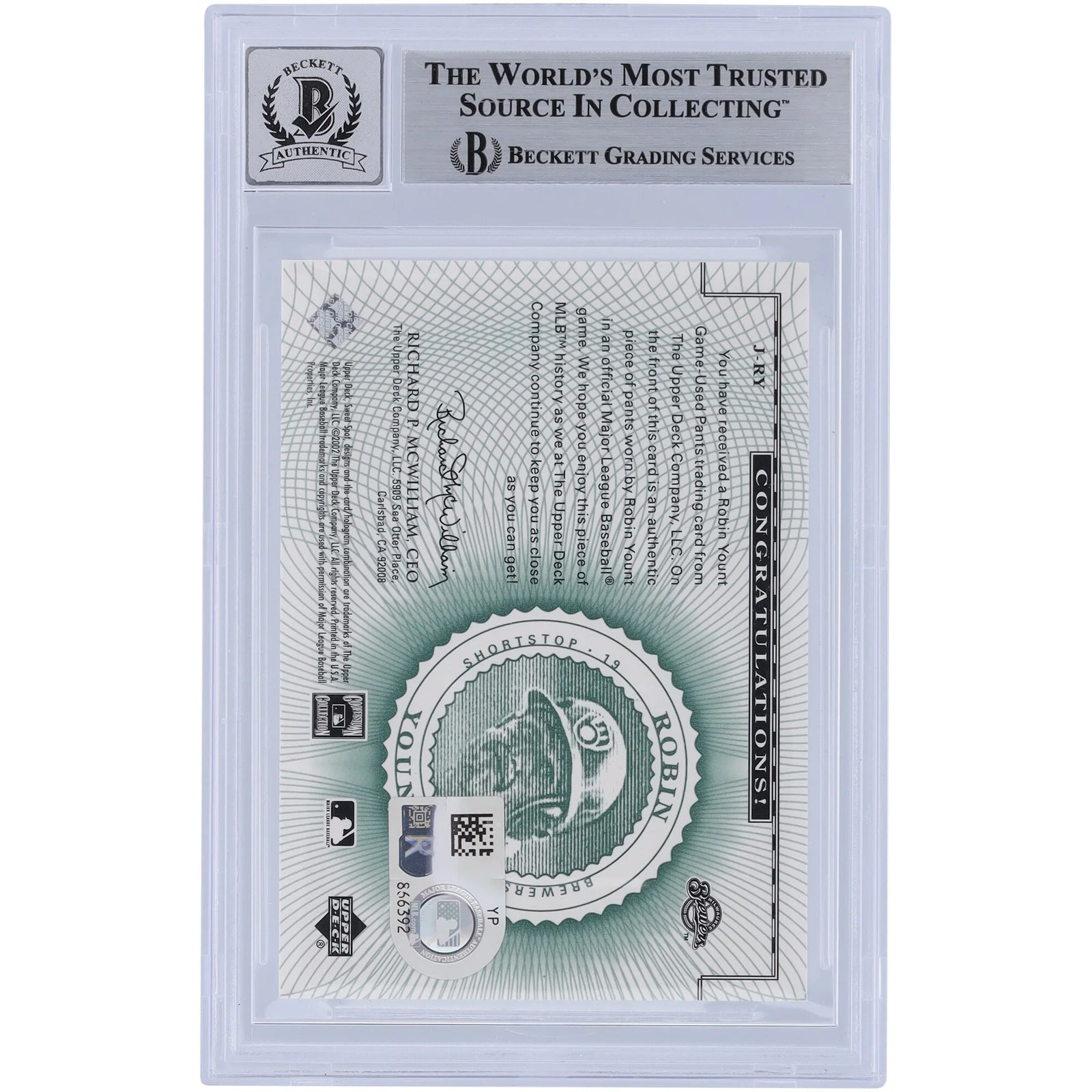 Robin Yount Signed 2002 Upper Deck Sweet Spot Classic Jersey Relic Card | Beckett Grade 10