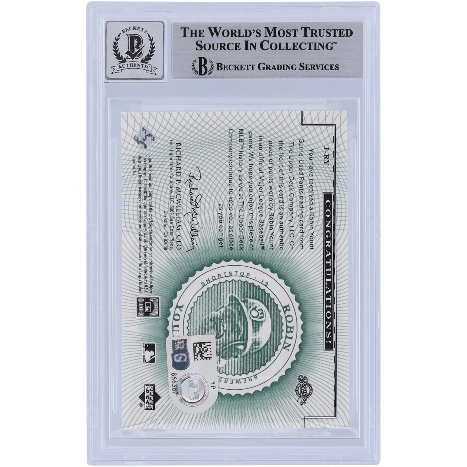 Robin Yount Signed 2002 Upper Deck Sweet Spot Jersey Relic Card | Beckett Graded 9