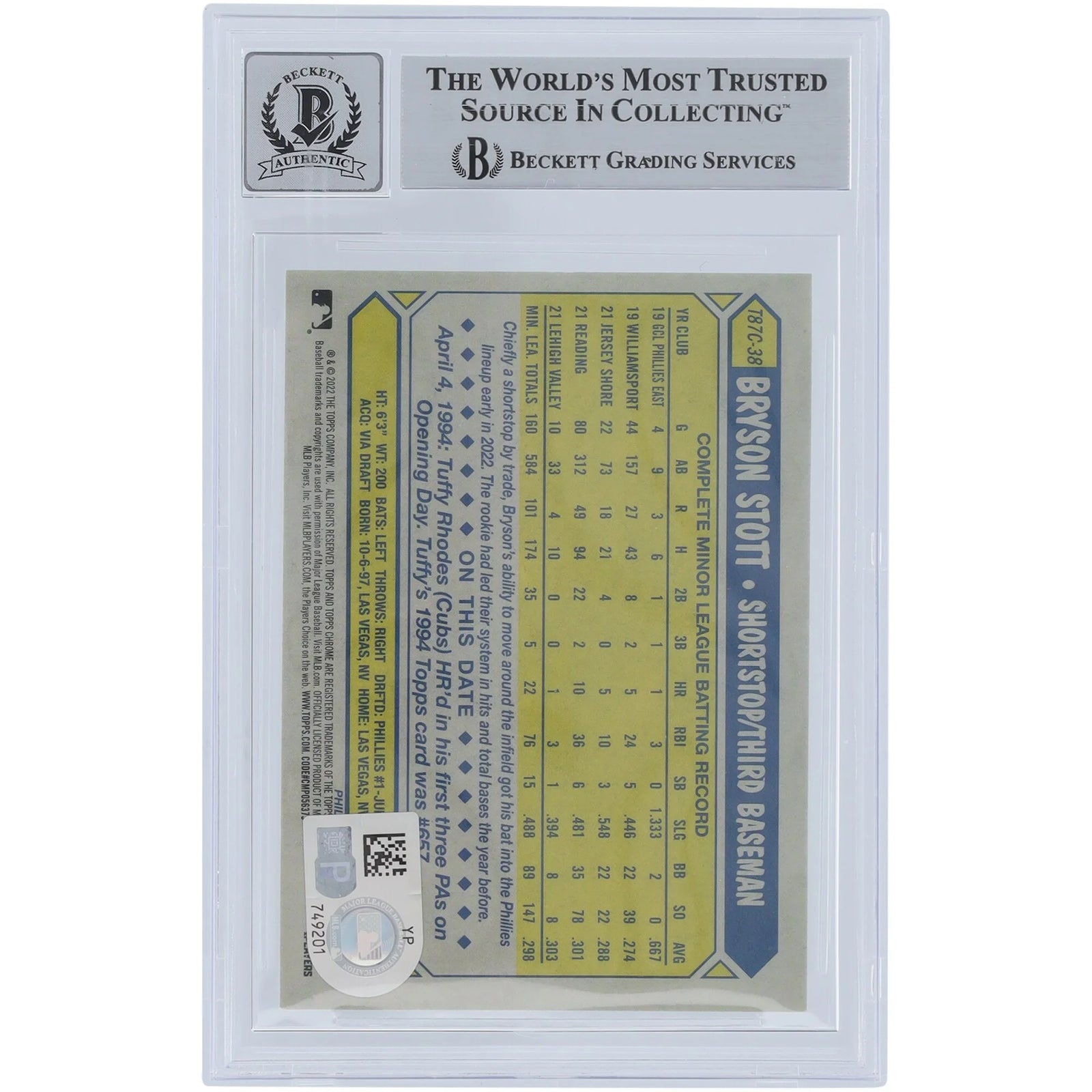 Bryson Stott Signed 2022 Topps Chrome Update '87 Topps Silver #T87C-38 | Beckett Authentic