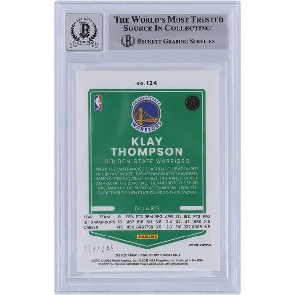 Klay Thompson Signed 2021-22 Panini Donruss Optic #124 Card | Beckett 9
