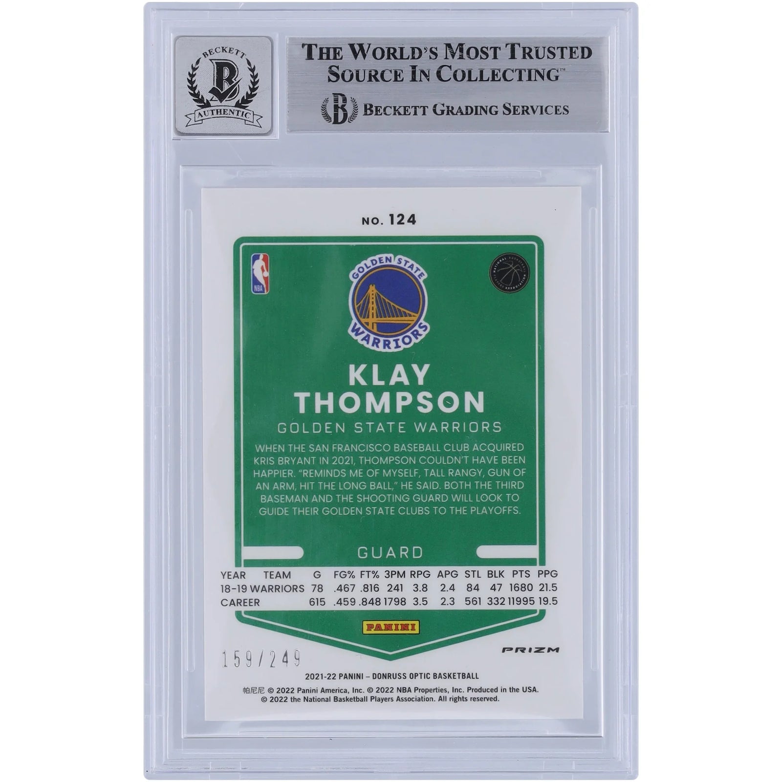 Klay Thompson Signed 2021-22 Panini Donruss Optic #124 Card | Beckett 9