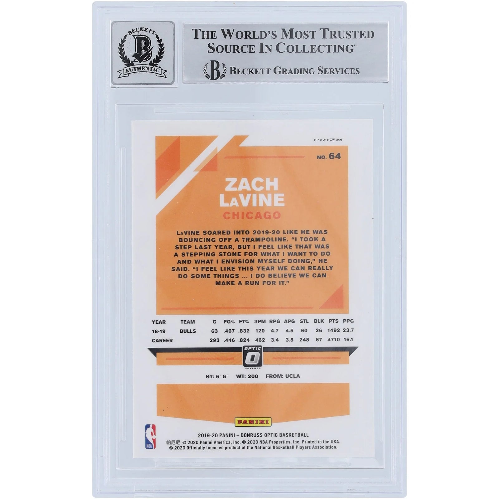 Zach LaVine Signed 2019-20 Panini Donruss Optic Card #64 | Beckett Authenticated