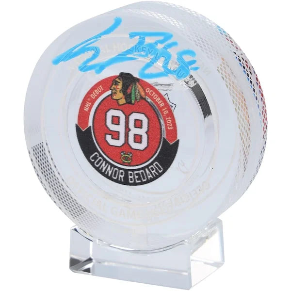 Connor Bedard Signed NHL Debut Crystal Puck | Blackhawks