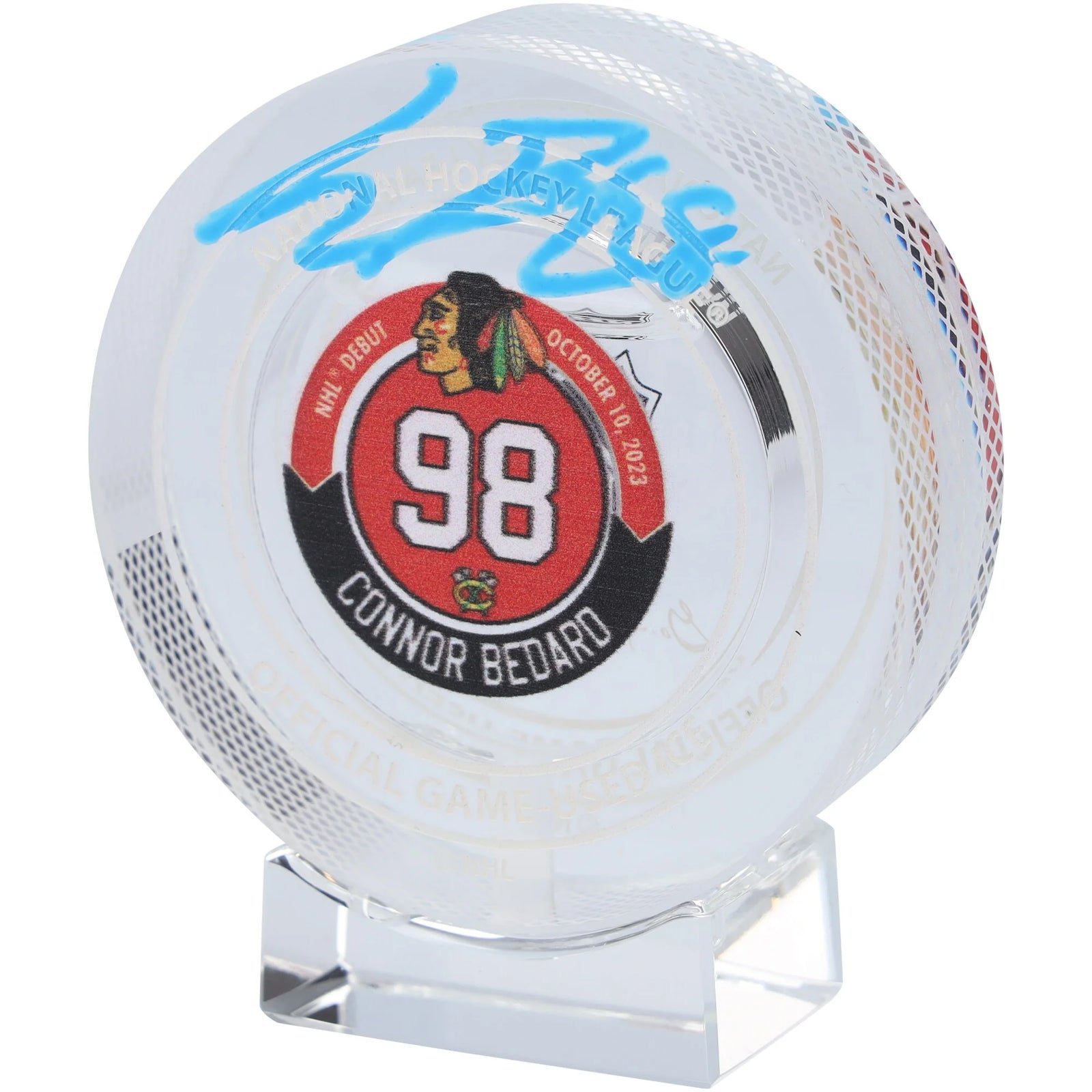 Connor Bedard Signed NHL Debut Crystal Puck | Blackhawks