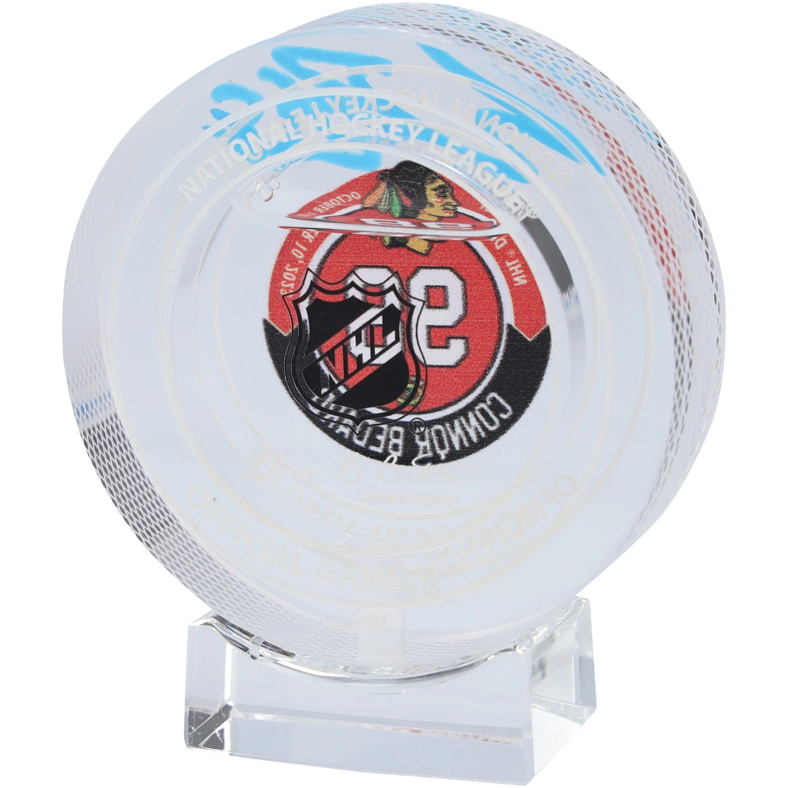 Connor Bedard Signed NHL Debut Crystal Puck | Blackhawks